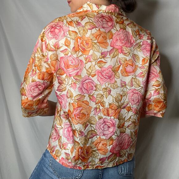 Vintage 70s pink roses print floral 1/2 sleeve blouse button-down top‎ rose L - Picture 12 of 17